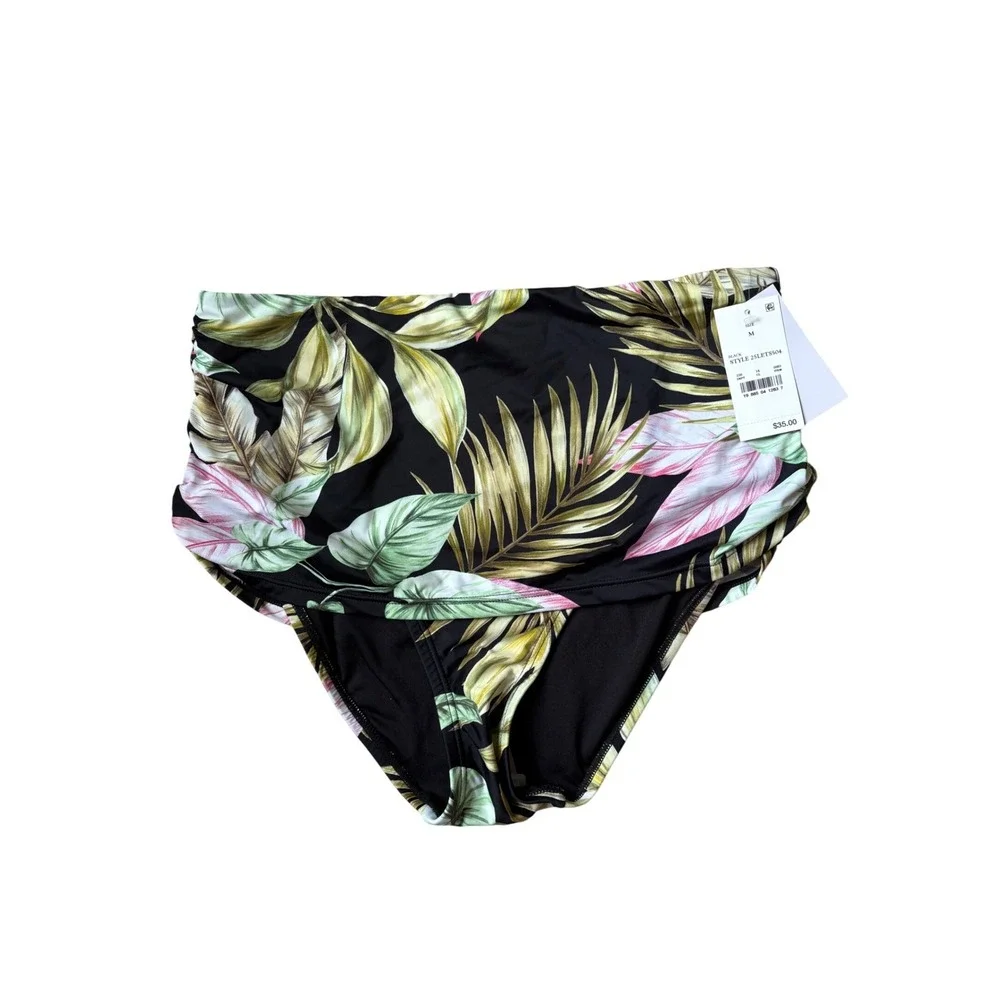 Lands End Womens High Waisted Tropical Palm Bikini Bottoms Black Medium NWT